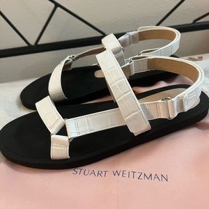 NEW Stuart Weitzman white and black leather croc sandals